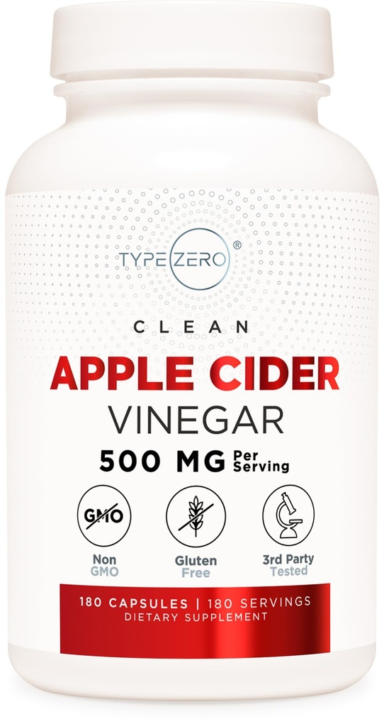 Type Zero Apple Cider Vinegar Capsules (180 Count) 500mg Per Serving - Non-GMO, Gluten-Free Supplement