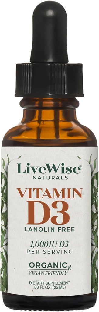 LiveWise Naturals Organic Vitamin D3 Liquid Drops, Vegan, Non-GMO, Plant-Based, 200 IU per Drop, Supports Immune, Bone, and Mood Health, Easy-to-Absorb, in MCT Oil 1,000 IU