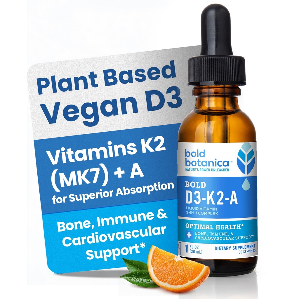 Bold Botanica Vitamin D3-K2-A Liquid Drops for Adults and Kids – 2500 IU Vegan D3 from Algae with K2 (MK7) & A, 3-in-1 Complex for Immune, Bone & Heart Support, Orange Flavor – 1 FL OZ, 60 Servings