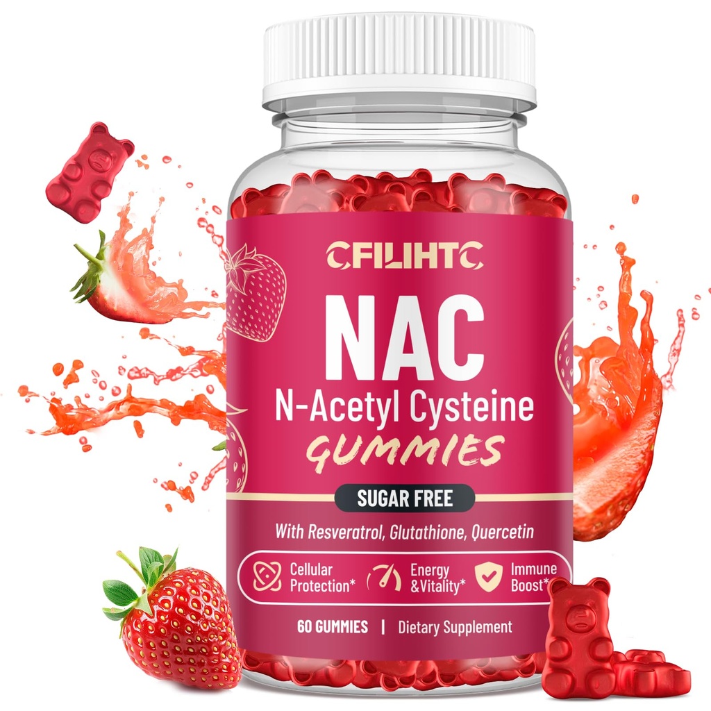 CFILIHTC NAC Gummies 600mg, N Acetyl Cysteine Supplement with Glutathione, Resveratrol, Magnesium, CoQ10, NAC Chewable for Antioxidants & Immune Support, Strawberry Flavor 60 Gummies