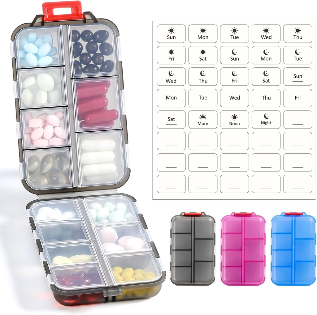 3 Pack 14 GRIDS Travel Pill Organizer Box with Labels - Travel Medicine Case Kit - Pocket Daily Pharmacy Container - Travel Medication Holder Dispenser for Fish Oil Vitamin Supplement Storage - Clear