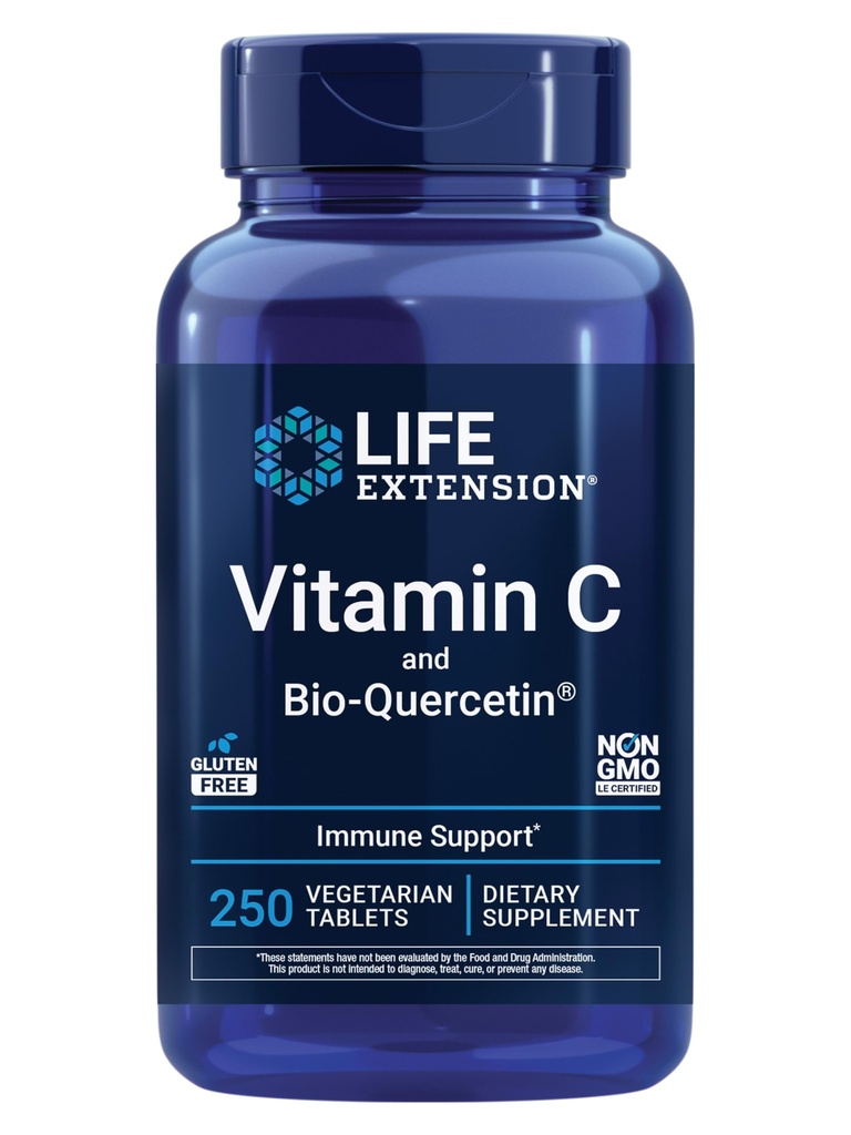 Life Extension Vitamin C and Bio-Quercetin®, Cardiovascular Health Supplement, Immune Support, Highly absorbable, quercetin, Vitamin C, Gluten Free, Non-GMO, Vegetarian, 250 Tablets