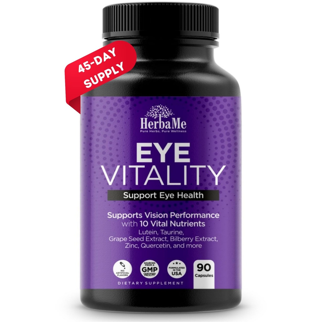 HerbaMe Eye Vitamins Supplement with Lutein, Bilberry, Beta Carotene, L-Taurine, Zinc and Quercetin, 90 Capsules, Supports Vision, Ocular and Macular Health, Helps Eyes Filter Blue Light