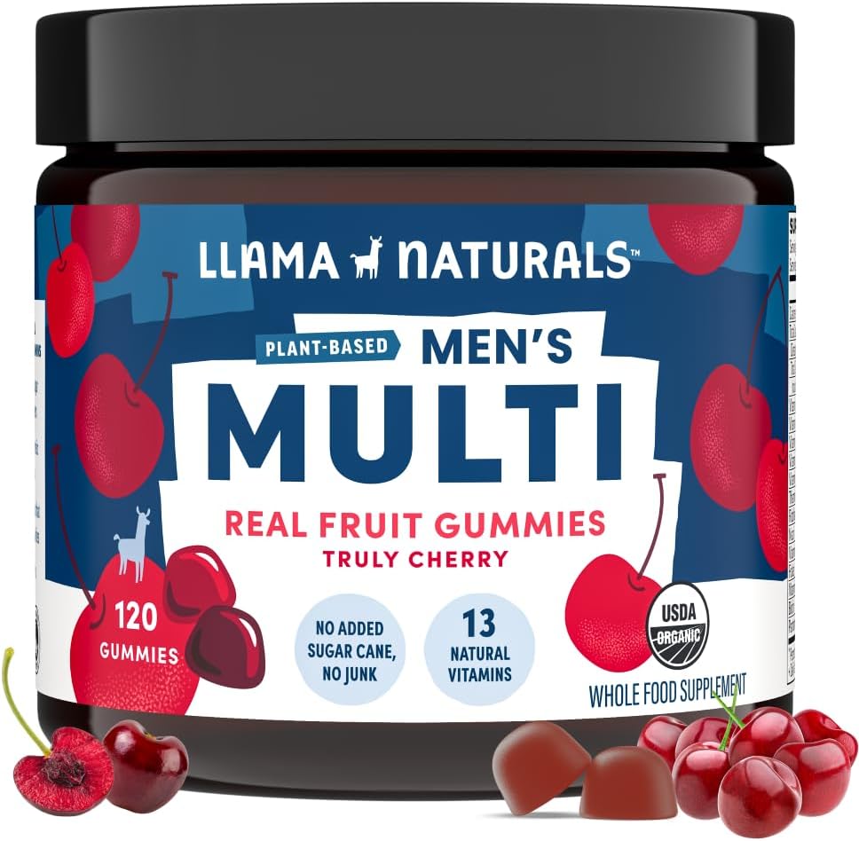 Llama Naturals Multivitamin for Men, Vegan, Organic Gummies with Vitamin D, C and K, Men's Real Fruit Gummy Vitamins, Chewable Multivitamin Supplement, No Added Sugar Cane, Cherry, 120 Ct