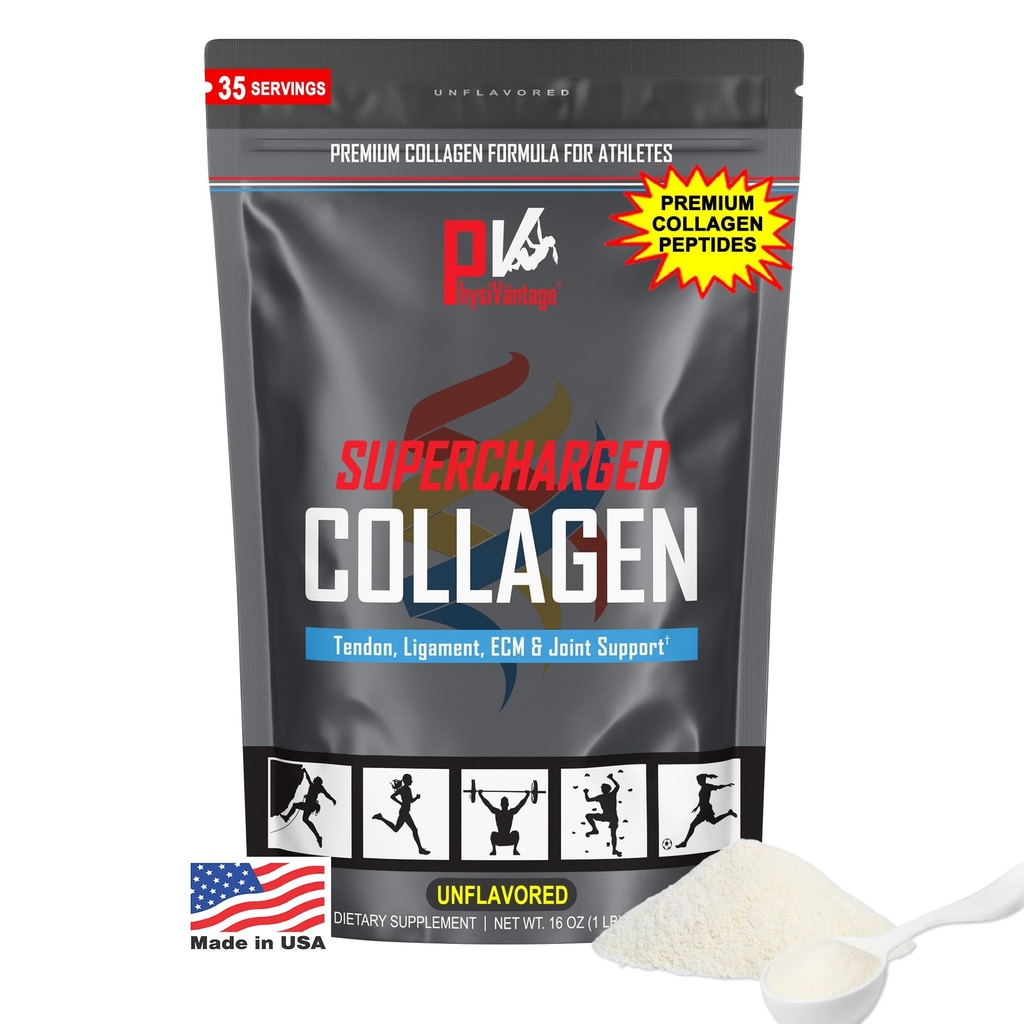 PhysiVantage Supercharged Collagen Peptides Powder - Hydrolyzed Collagen for Joint, Tendon, Ligament, & Skin Health Support - Unflavored, Keto, Paleo, 16oz | Enhanced with Vitamin C, BCAAs, Grass-Fed