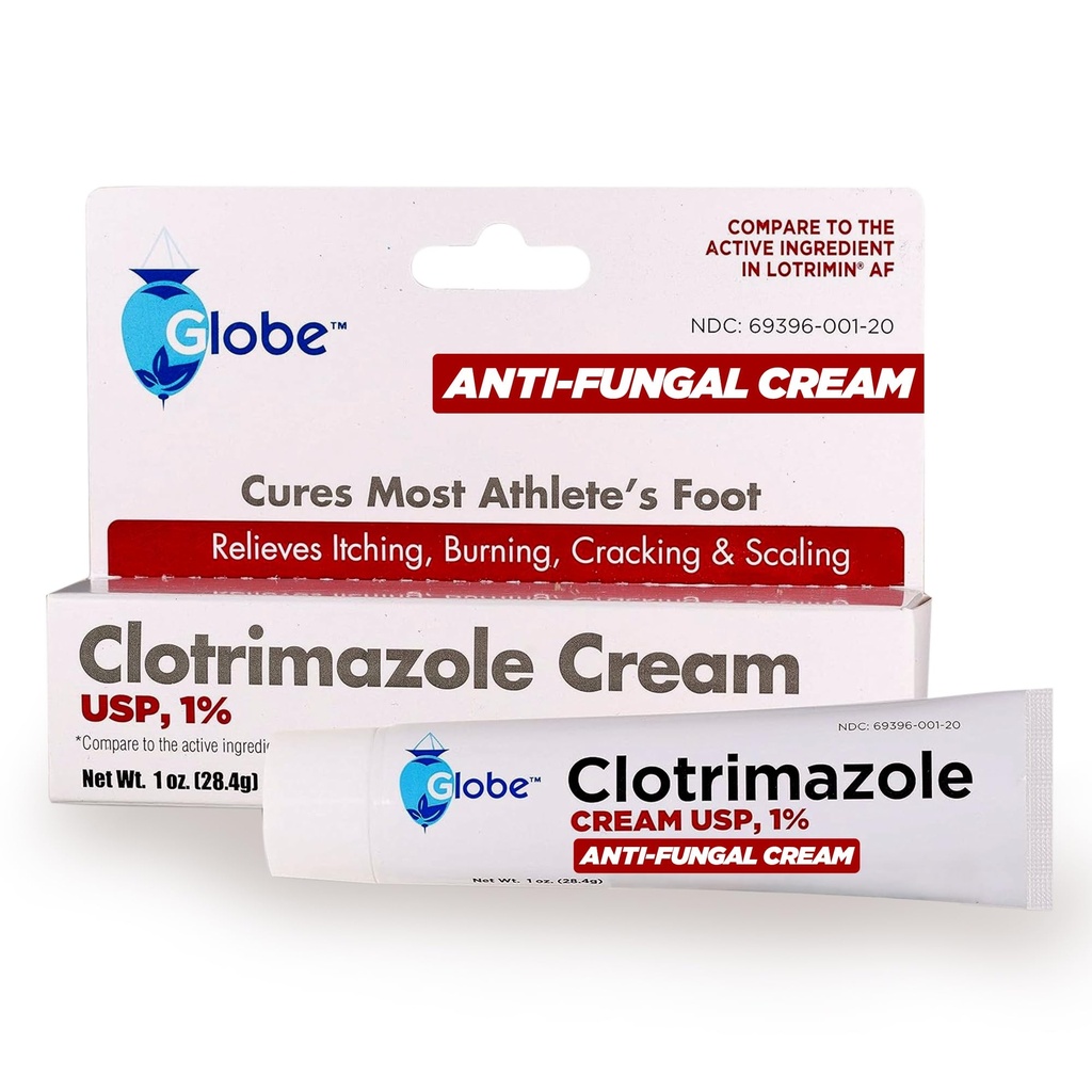 Globe Clotrimazole Antifungal Cream 1% USP (1 oz), Anti Fungal Treatment, Relieves Itching, Burning, Cracking and Scaling Associated Athletes Foot, Jock Itch, Ringworm and More