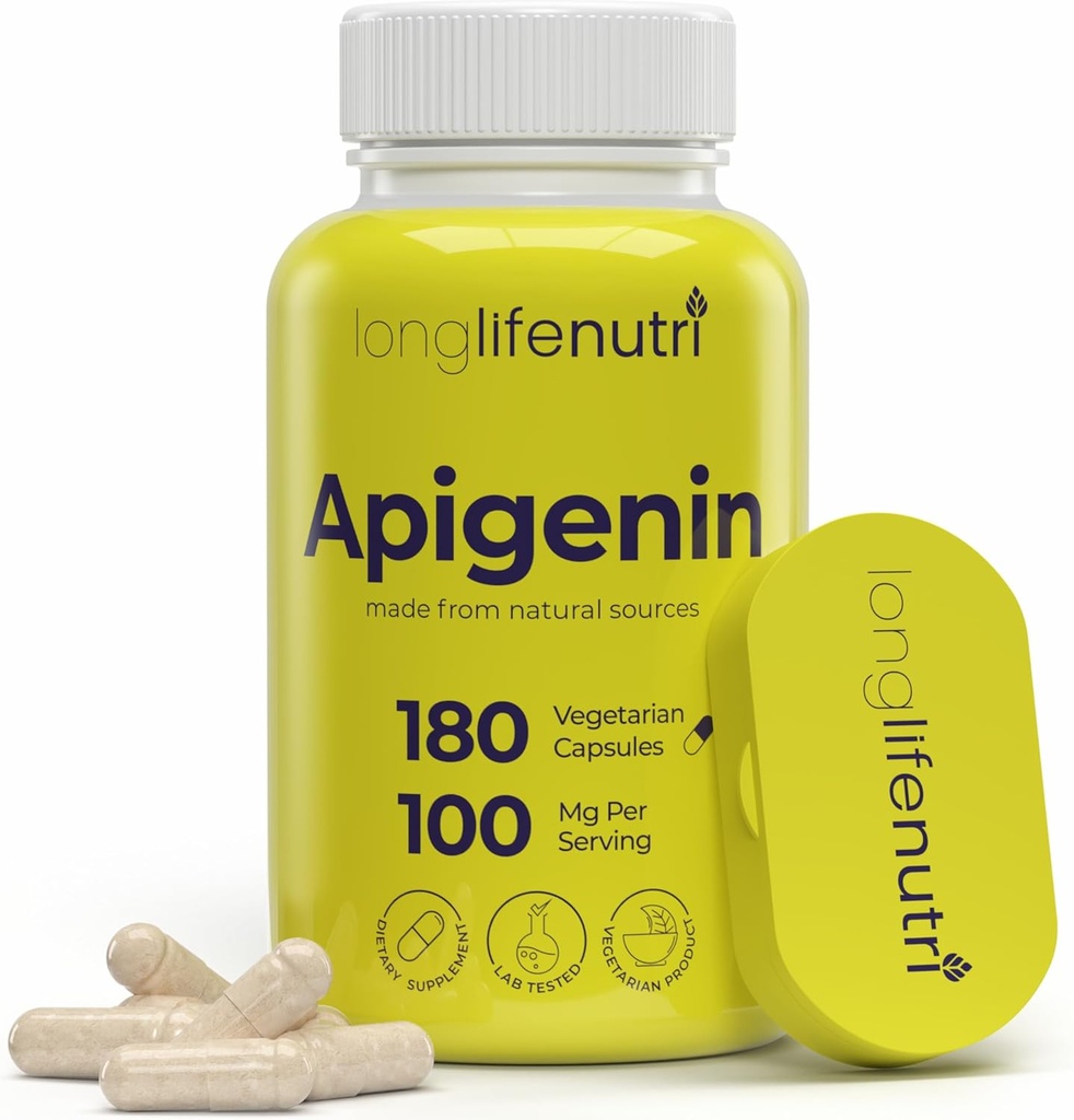 LongLifeNutri Apigenin 100mg – Natural Bioflavonoid from Chamomile Extract, 180 Vegetarian Capsules, Supplement for Sleep, Mood, & Relaxation, 6-Month Supply, GMP Certified, Made in USA