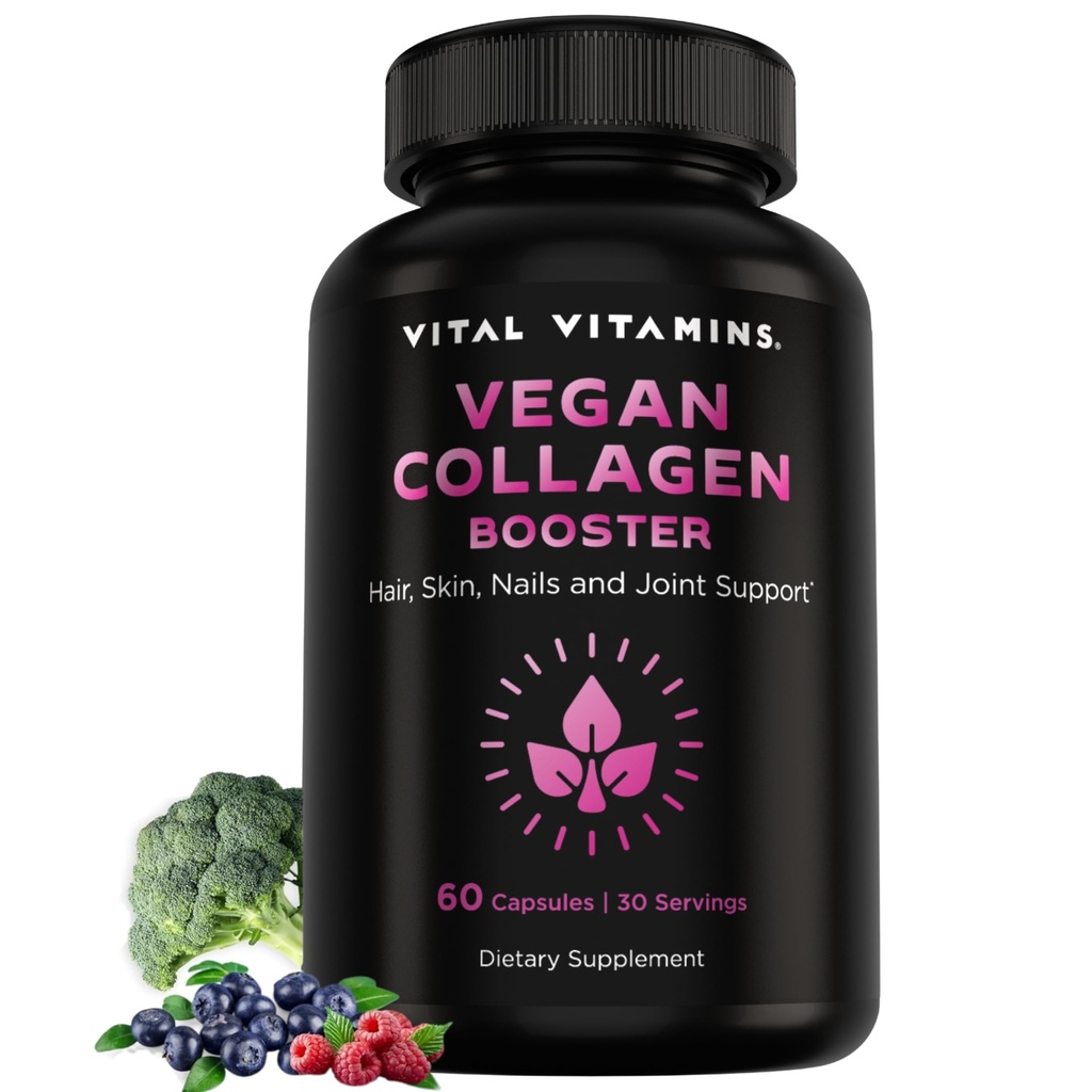 Vital Vitamins Vegan Collagen Booster - with Silica and Hyaluronic Acid - Plant-Based Collagen Supplements - Supports Hair, Skin, Nails & Joints - 60 Capsules