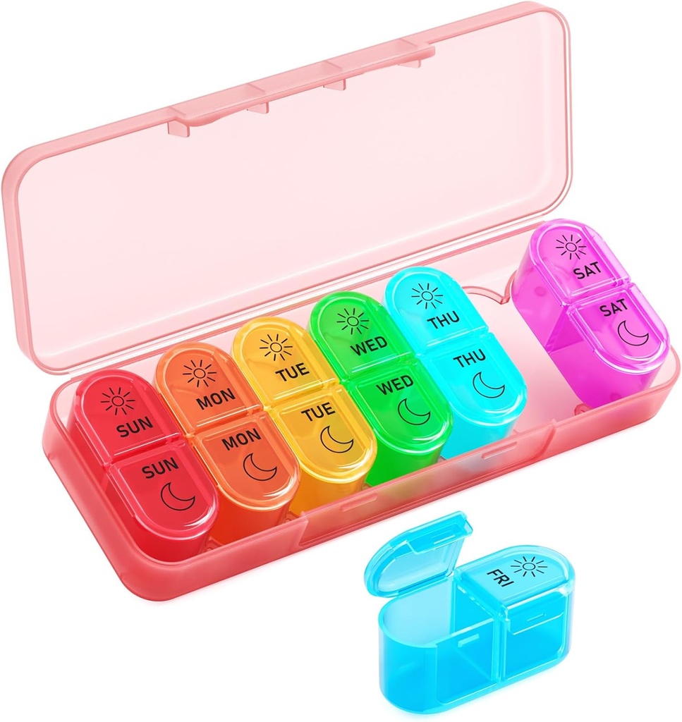 Betife Weekly Pill Organizer 2 Times a Day, 7 Day Pill Box AM PM, Portable Travel Pill Case, Daily Pill Container Day and Night, Medicine Organizer for Medication, Vitamin or Supplement（Pink）