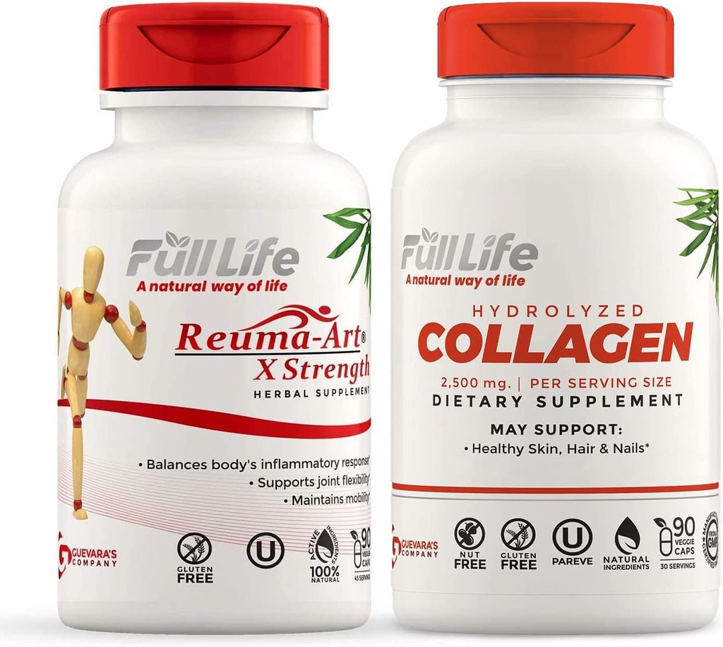 Full Life Reuma-Art X Strength and Hydrolyzed Collagen - Joint Support Supplement - Bovine Collagen Pills - Kosher, Gluten-Free - 90 Veggie Capsules Each