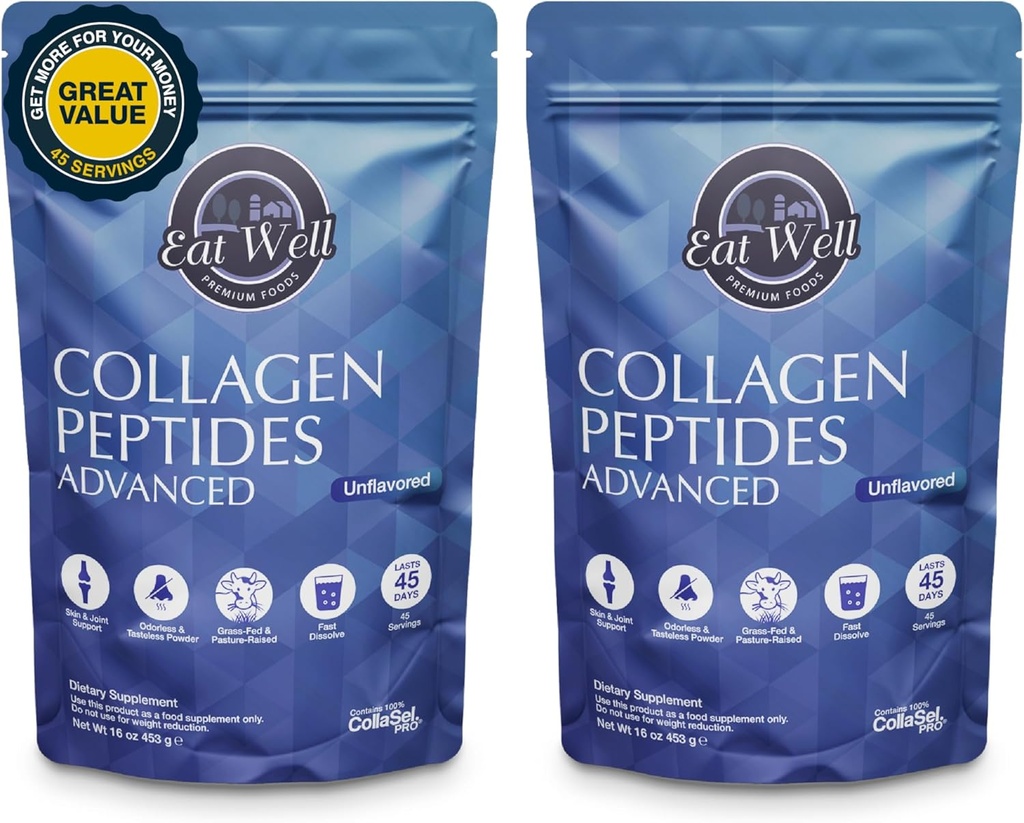 EAT WELL PREMIUM FOODS Collagen Peptides Powder Protein 45 Servings, 16oz, Collagen for Skin, Bone and Joint Support, Type I & III Grass Fed Collagen (45 Servings (Pack of 2), Unflavored)