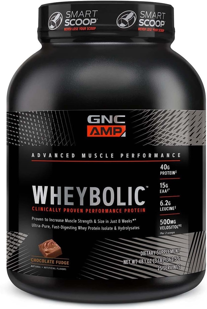 GNC AMP Wheybolic Clinically Proven Protein Powder, 40g Whey Protein, BCAA, Leucine, Increases Muscle Strength, Muscle Building, 3rd Party Tested, Gluten Free, Chocolate Fudge, 25 Servings