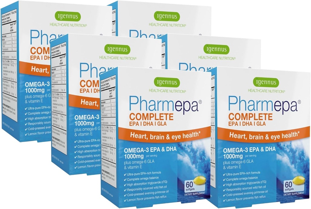 Igennus Pharmepa Complete EPA 668mg & DHA 334mg Omega-3 Fatty Acids 1000mg, IFOS Certified, rTG Form, High Potency Fish Oil Plus Omega-6 & 9 from GLA Evening Primrose Oil, Lemon Flavor, 360 Softgels
