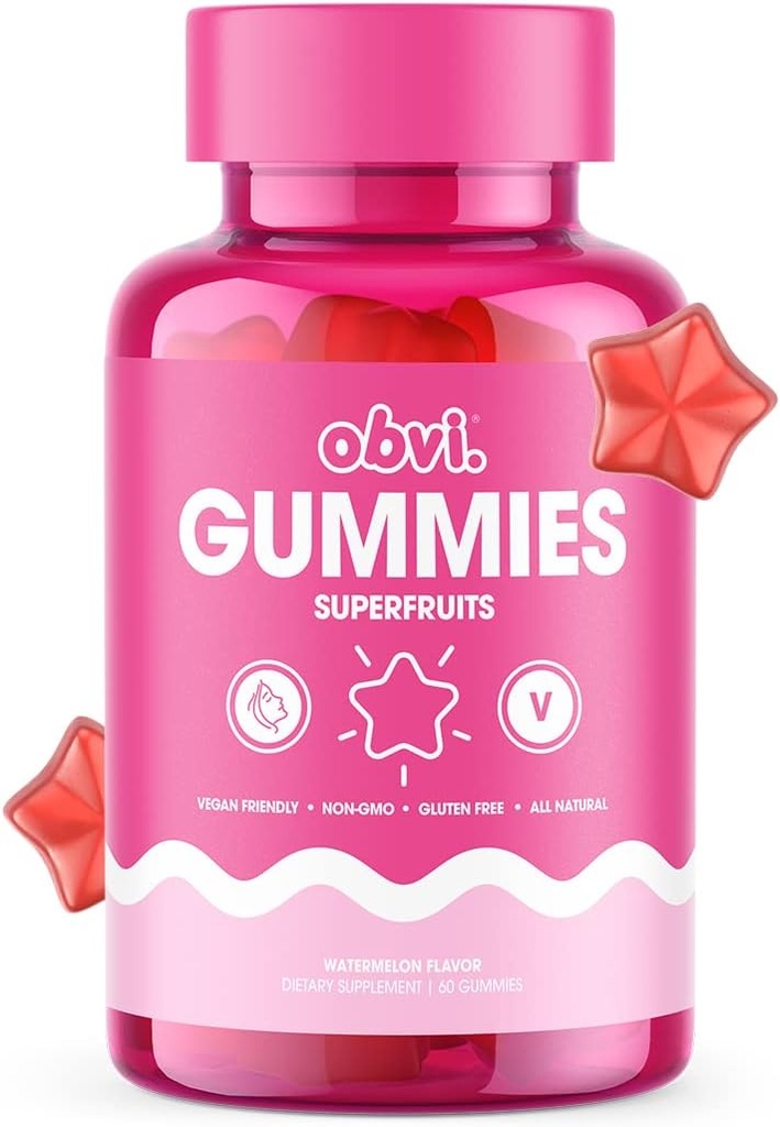 Obvi Superfruit Gummies | Vegan Multivitamin, Supports Healthy Collagen Production for Glowing Skin, Antioxidant and Vitamins for Immune Health | Non-GMO, Gluten-Free | Watermelon Flavor, 60 Gummies