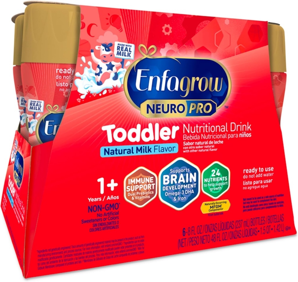 Enfagrow NeuroPro Toddler Nutritional Drink, Made with Real Milk, Brain-Building Omega-3 DHA, Nutrients and Prebiotics for Growth & Immune Support, Non-GMO, Toddler Milk Powder, 8 Fl Oz, 6 Count
