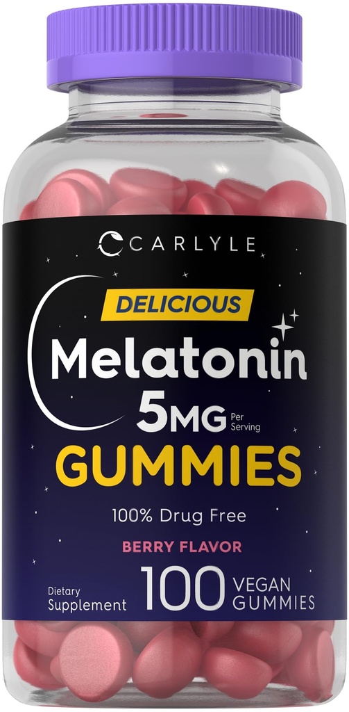 Carlyle Melatonin 5mg Gummies | 100 Count | Berry Flavor | 100% Drug Free | Non-GMO, Gluten Free Supplement