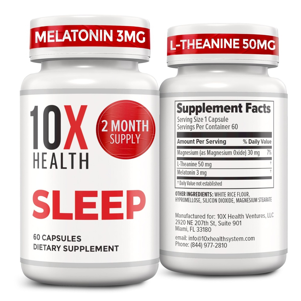 10X Health Sleep Supplements for Adults - 60 Capsules - Melatonin 3mg, L Theanine, Magnesium Supplement, Magnesium Oxide for Deep, Better Rest & Relaxation - 3-in-1 Natural Sleep Support