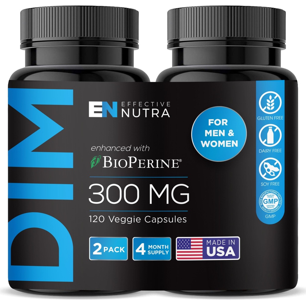 Effective Nutra DIM Supplement 300mg + BioPerine, Extra Strength Estrogen Blocker for Men & Hormone Balance for Women - Diindolylmethane, Hormonal Acne, Menopause Support - 120 Veggie Capsules