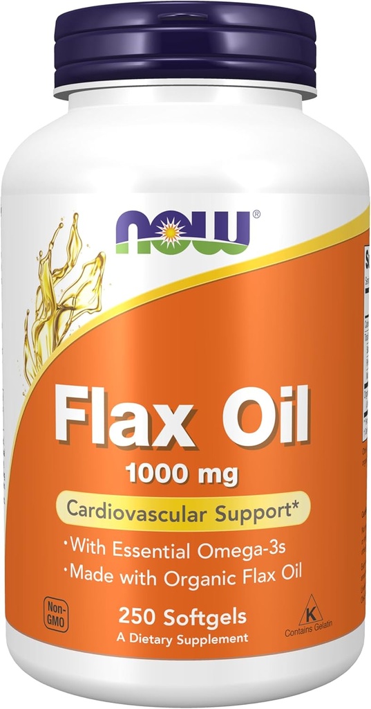 NOW Foods Supplements, Flax Oil 1,000 mg made with Organic Flax Oil, Cardiovascular Support*, 250 Softgels