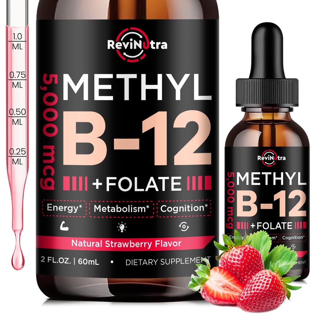 Vitamin B12 liquid Drops, B12 vitamins 5000 mcg, Vitamin B Complex Supplement with Methylcobalamin B12 Sublingual, Vitamin B6, Folate for Energy, Brain, Heart Health, Vegan Strawberry Flavor 2 Fl Oz