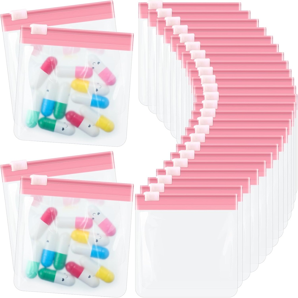 24 Pieces Pill Pouch Bags Zippered Pill Pouch Set Reusable Translucent Medicine Organizer Self Sealing Medicine Bag Travel Plastic Pill Bags with Slide Lock Pill Baggies for Pills (Light Pink)