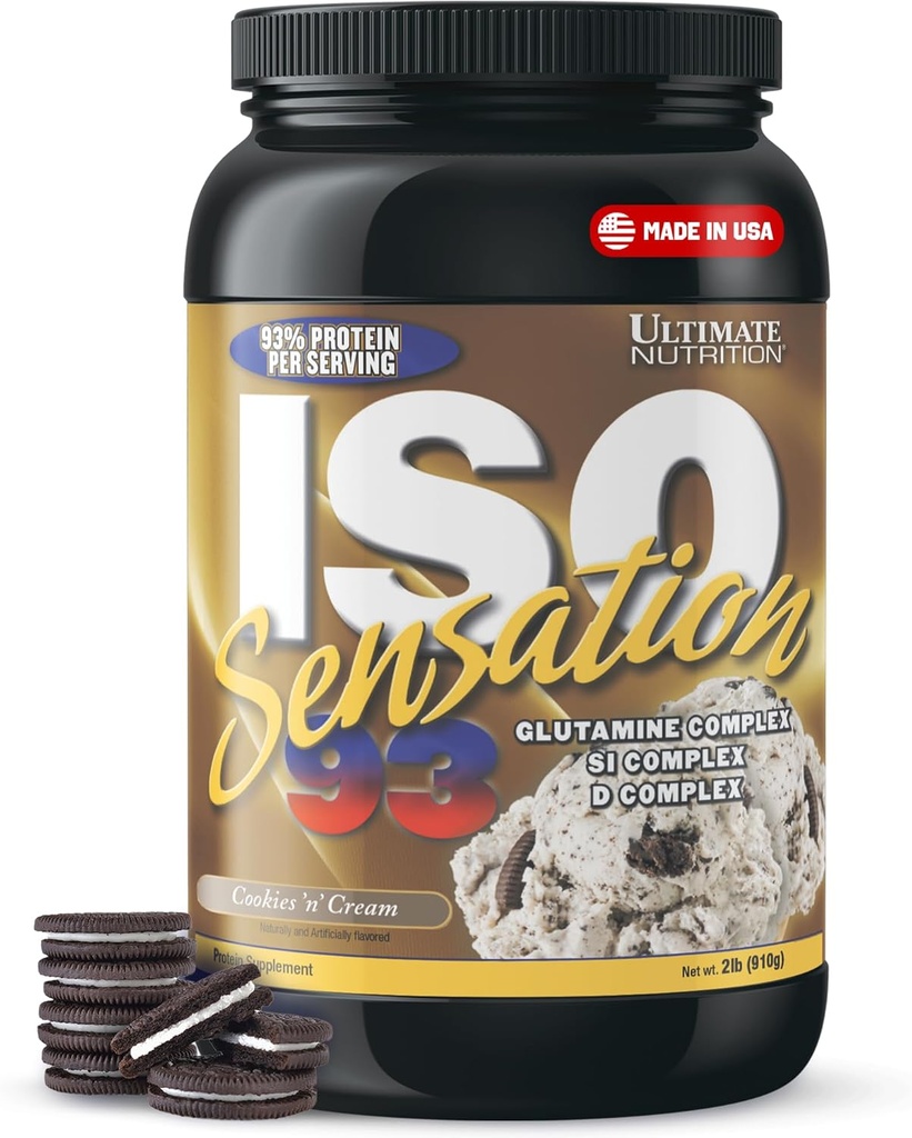 Ultimate Nutrition Whey Protein Isolate Powder with Glutamine Complex, ISO Sensation 93 - Whey Protein Powder with Added Colostrum for Enhanced Recovery, Immunity & Gut Health - Cookies N Cream, 2lbs