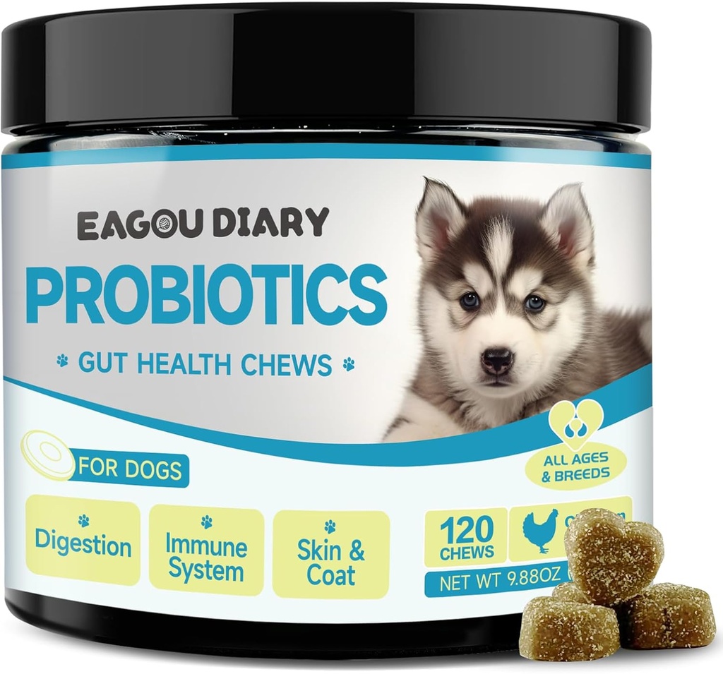 Eagou Diary Probiotics for Dogs - Dog Probiotics for Digestive Health, Gut Health Supplements with Prebiotics, Goat Milk, Omega 3, Vitamins, Chews for Canine Diarrhea, Stomach, Gas Relief - 120 Ct