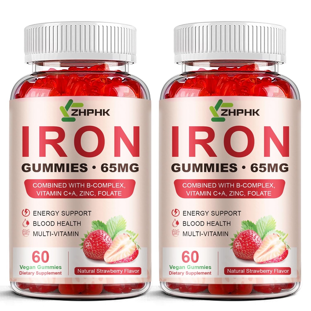 ZHPHK Iron Supplement Gummies for Women, Men & Kids, 65mg Iron & 250mg Vitamin C per Serving - Healthy Blood, Energy & Immune Support Iron Vitamin Gummy with Folate, 2 Pack
