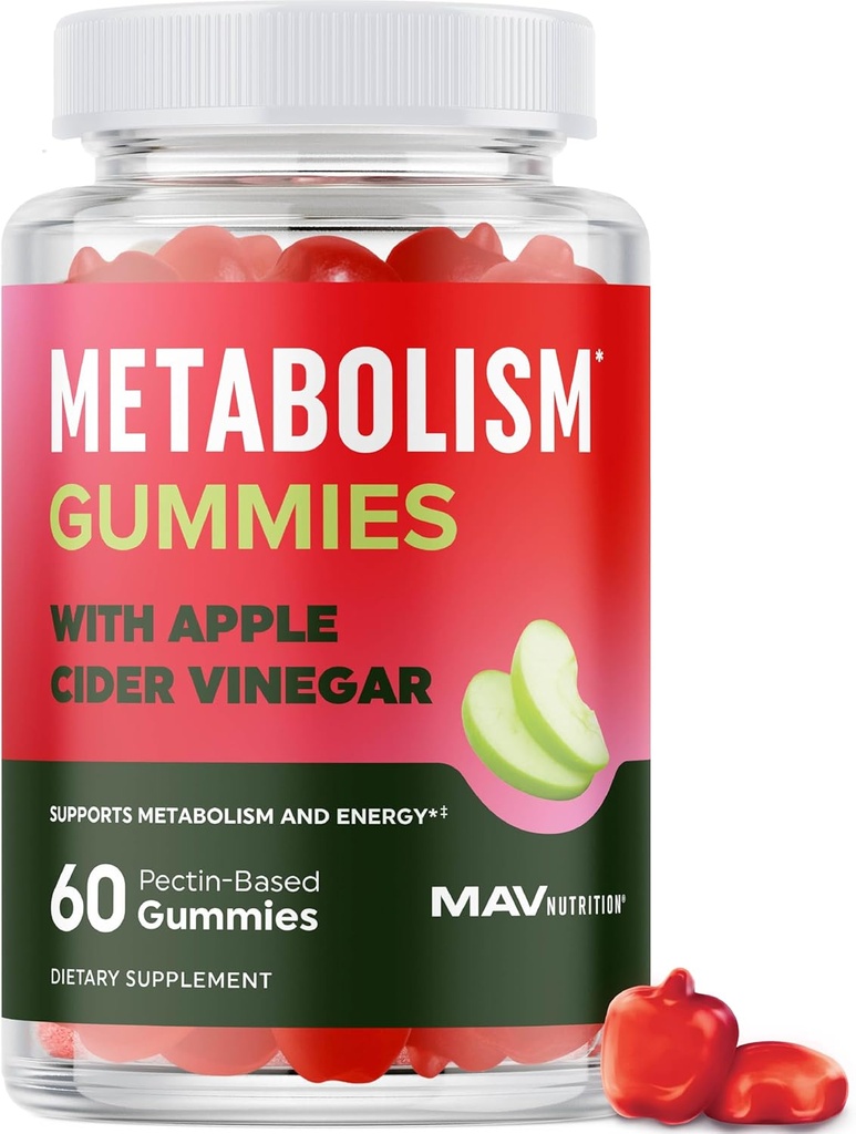 Metabolism Gummies with Apple Cider Vinegar | Energy, Digestion & Lean Body Mass Support | Apple Cider Vinegar Gummies with The Mother, B12 & Folate | Metabolism Support for Women & Men | 60 Ct.
