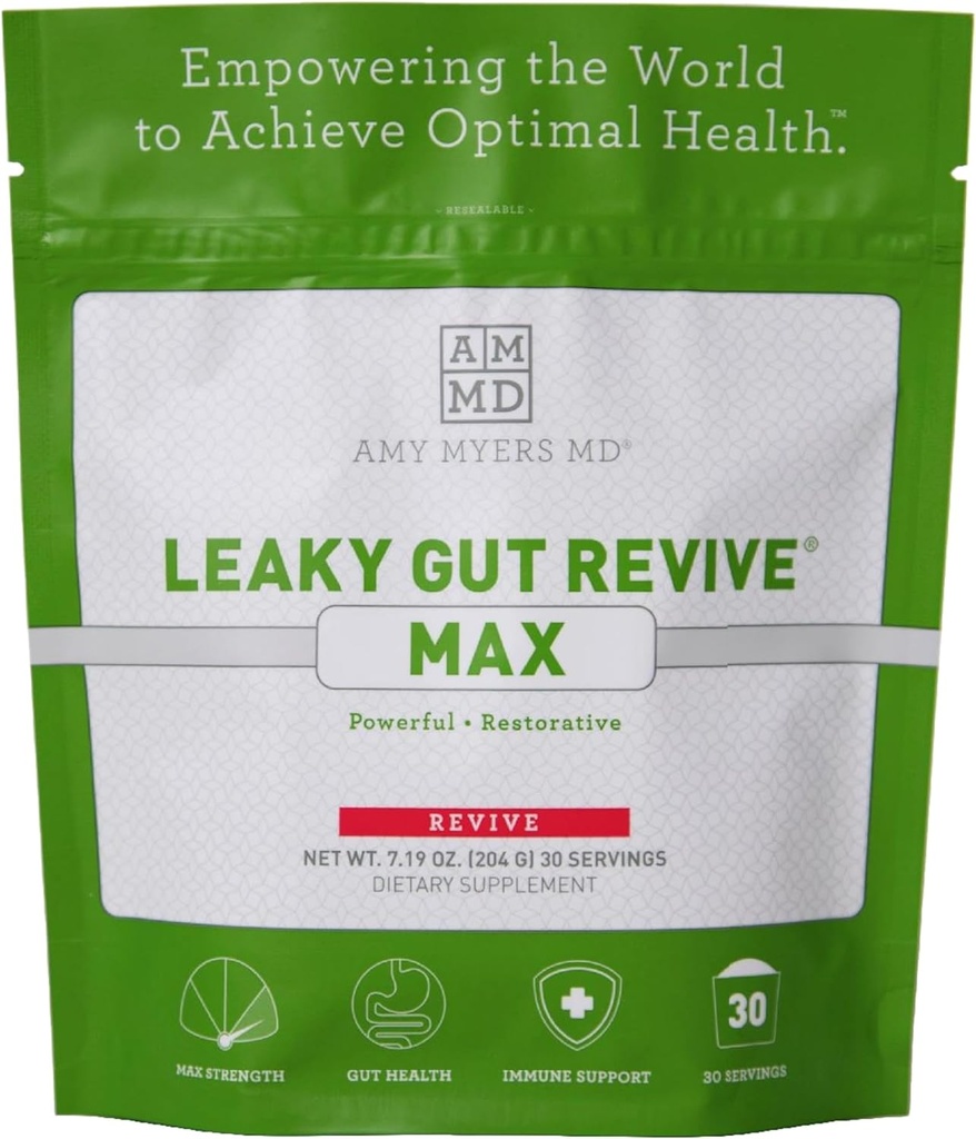 Amy Myers MD Leaky Gut Revive MAX Powder for Leaky Gut Repair “ Potent L-Glutamine Powder to Support Constipation, IBS, Diarrhea, Bloating, Gas, SIBO “ Plant Based Supplement for Gut Health, 1 Month