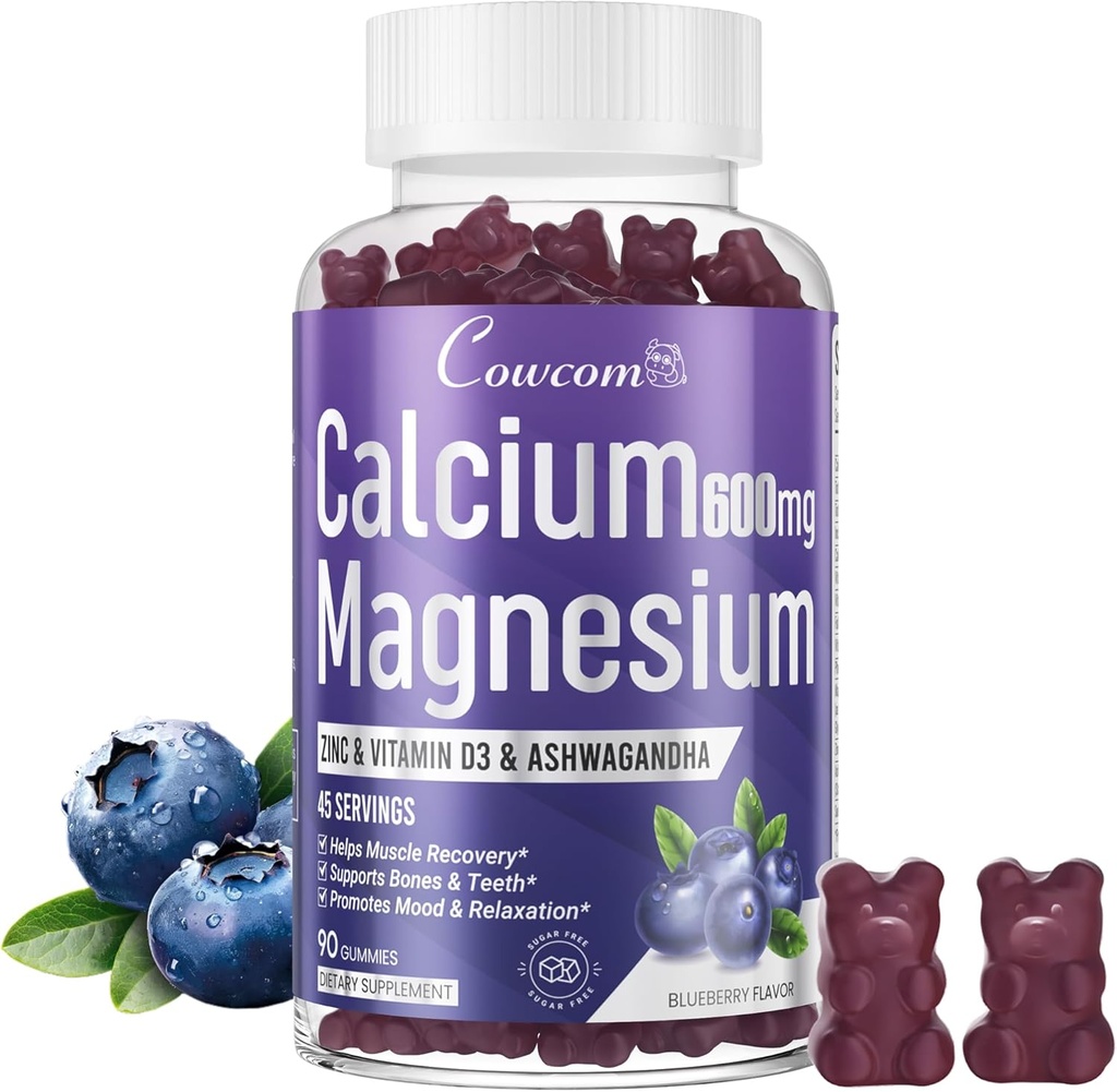 Calcium Magnesium Zinc Gummies & Vitamin D3,B6,B12,Immune & Supporting Bone Health Calcium Magnesium Supplement for Women Men,Sugar-Free Vegan Blueberry Flavored 90 Counts
