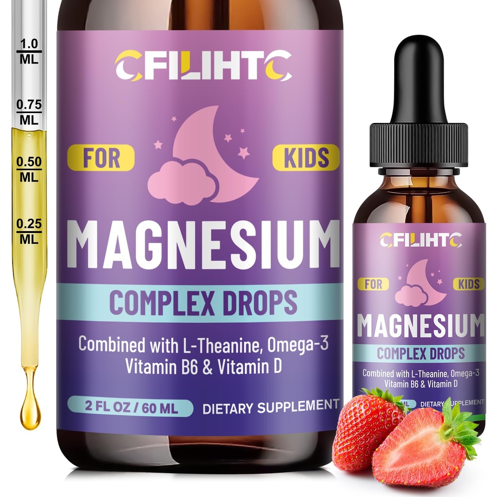 Kids Magnesium Liquid Drops-Magnesium Glycinate Liquid for Kids Supplement-w/L-theanine, Omega-3, Vitamin B6, D3 - for Sleep, Relaxation, Brain, Bones - 2 Fl Oz Children's Calm, Strawberry Flavor