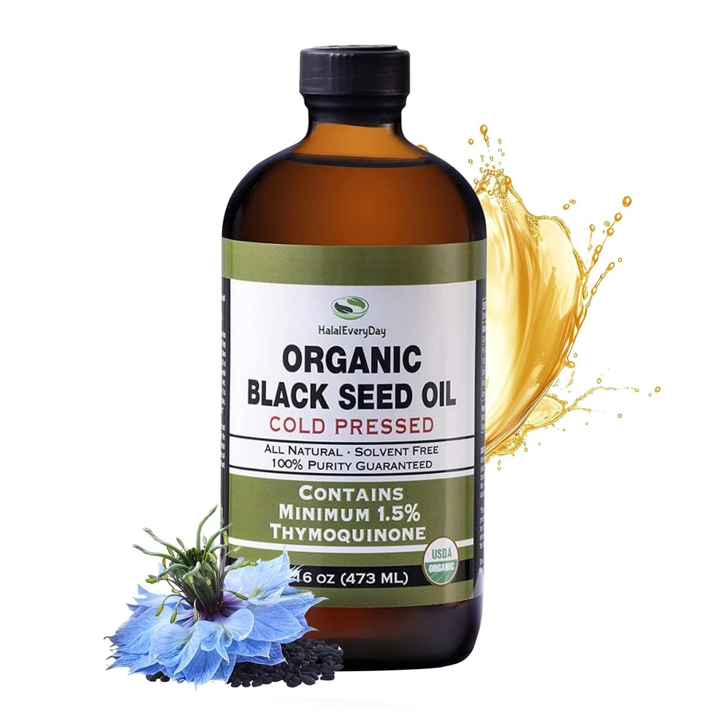 HalalEveryDay Organic Black Seed Oil - USDA Certified, Cold Pressed Glass Bottle 16oz - Over 1.5% Thymoquinone Turkish Black Cumin Nigella Sativa Non-GMO 100% Pure Blackseed Oil