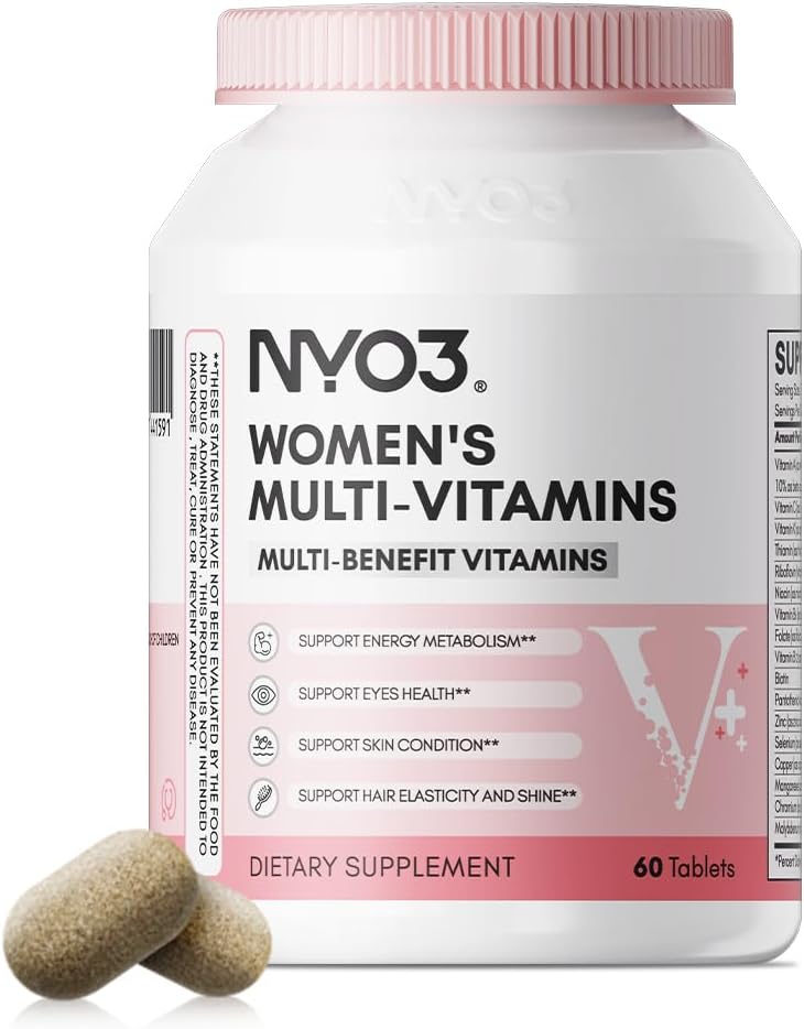NYO3 Multivitamin for Women with Zinc & Biotin Vitamins A,C,K,B2,B6,B12 & Multimineral | Daily Multivitamins Beauty & Energy | Gluten-Free, 60 Day Supply