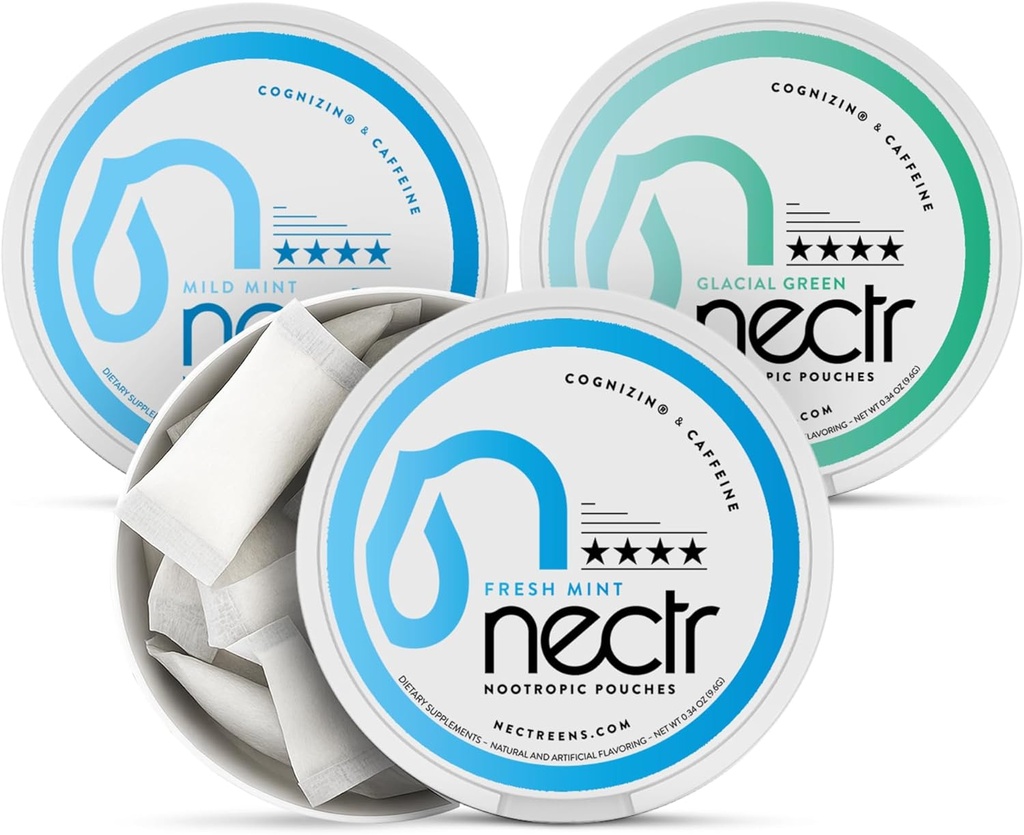 Nectr Energy Nootropic Pouches Mint Mix - Caffeine Pouches with Cognizin Citicoline. 3 Flavors: Mild and Fresh Mint, and Glacial Green. Sugar-Free, Nicotine Free Calm Focus & Energy Supplement