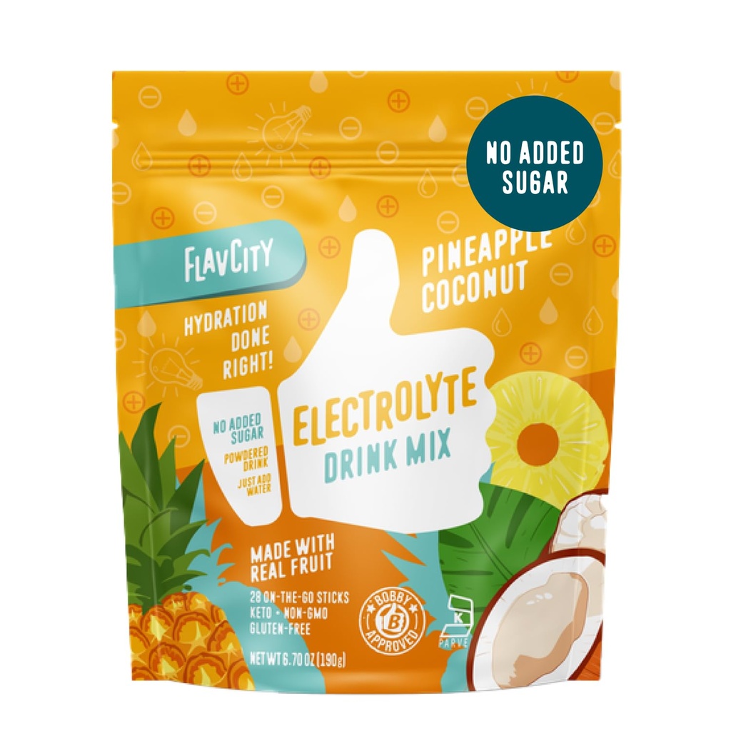 FlavCity Pineapple Coconut Electrolytes Powder Packets - 28 Hydration Packets - No Added Sugar - Hydration Powder with Real Fruit & Unrefined Sea Salt - Keto & Gluten-Free (28 Stick Packs)