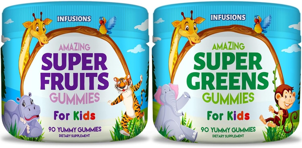 Infusions Super Fruit and Super Green Gummies for Kids 180 Count Superfood Blend Soft and Delicious Gluten Free Non-GMO