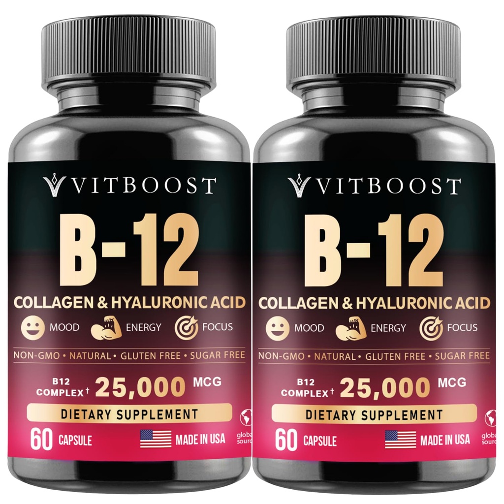 VITBOOST B12 Methylcobalamin with Hyaluronic Acid, Collagen, and Folate – 25000 mcg Supplement Enhance Absorption & Boost Energy | Gluten-Free, Made in USA, B1, B2, B3, B6, B7 Complex - Pack of 2