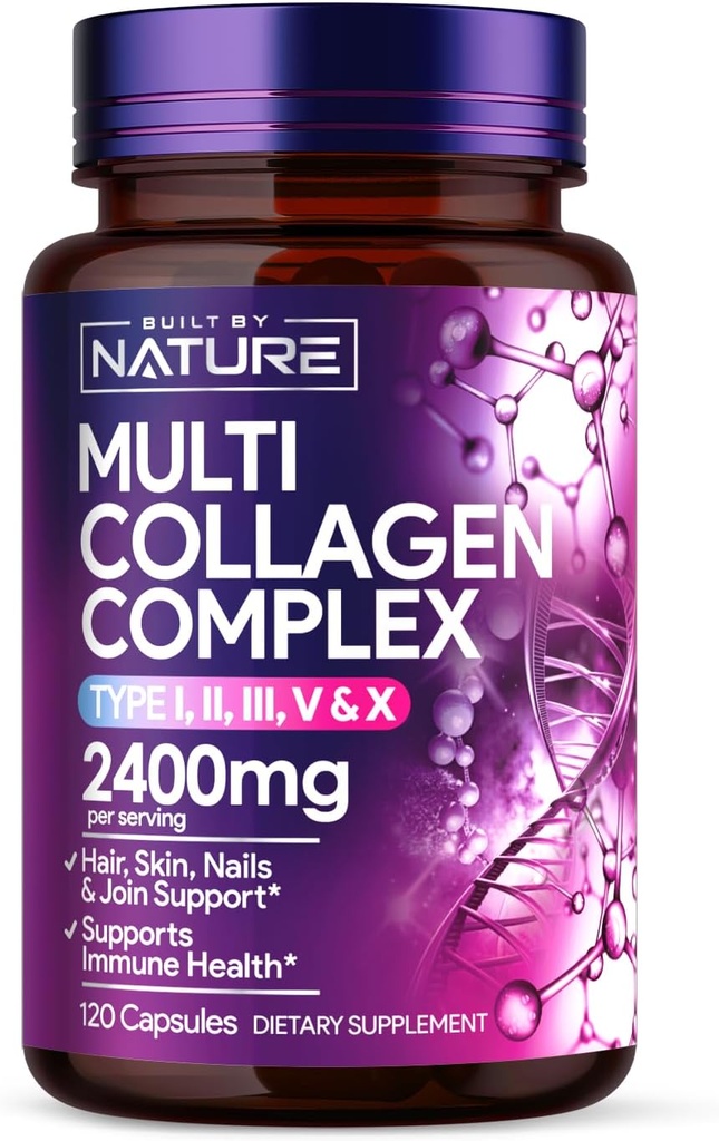 Built by Nature Collagen Pills – Multi Collagen Peptides Complex Supplement for Women – Type I, II, III, V, X for Hair, Skin, Nails, Joints & Bone Health - Hydrolyzed, Grass-Fed - 120 Capsules