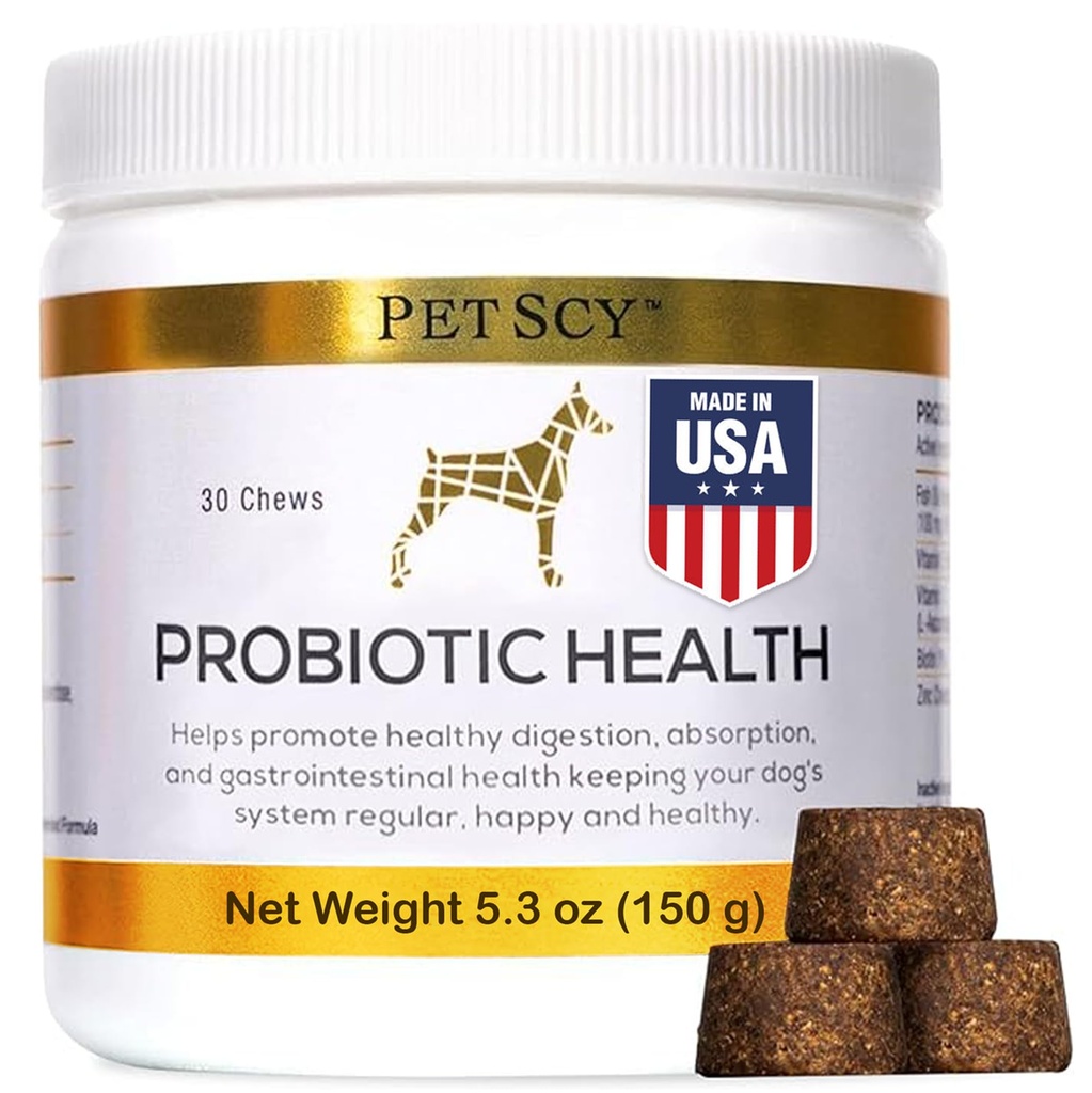 PetScy - Probiotic Chews for Dogs, Probiotic for Dogs of All Ages, Sizes & Breeds with Prebiotic Fiber and Pure Omega-3 | Improves Skin, Coat, and Gut Health, 30 Chews