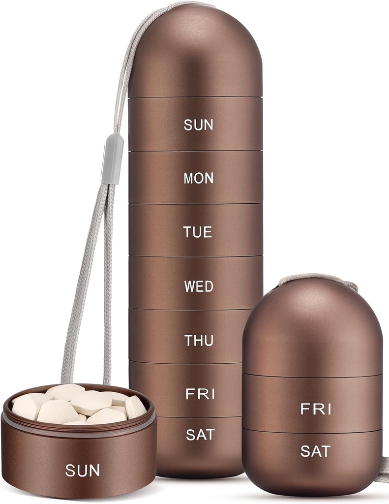 Zannaki Metal Moisture Proof Weekly Pill Organizer, Stackable Aluminum Alloy BPA Free Travel Hiking 7 Day Pill Box Case Waterproof and Large Compartment to Hold Pills, Vitamins, Fish Oil, Supplements