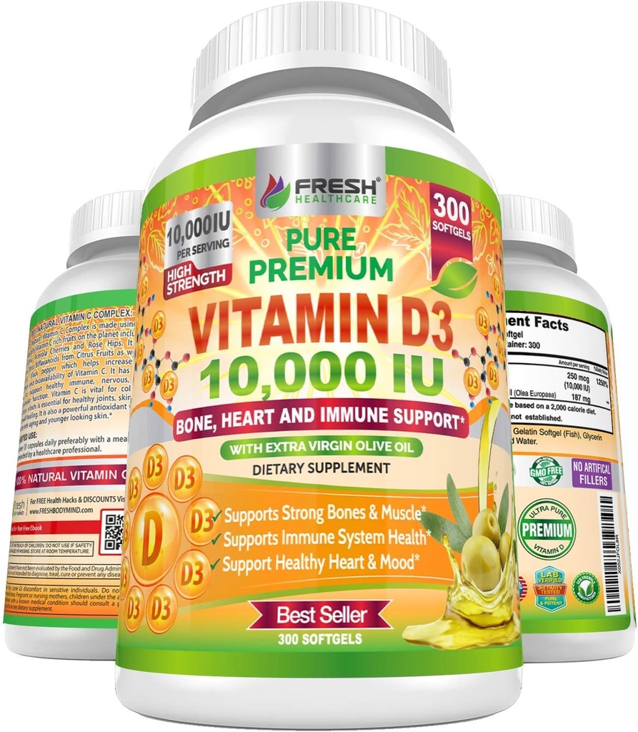 Fresh Healthcare Vitamin D3 10000 IU (250mcg) with Extra Virgin Olive Oil - Immune Support - 300 Softgels for Joints, Bone, Muscle & Mood Health - Non-GMO Vitamin D Supplement