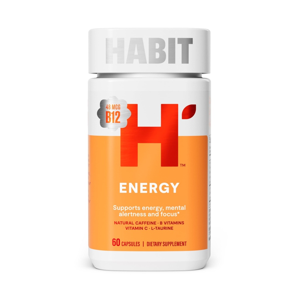 Habit Energy Supplement (60 Capsules) - New Look, Supports Energy, Alertness and Focus, Natural Caffeine, Vitamins B & C, Green Tea Extract, Vegan, Non-GMO (1 Pack)