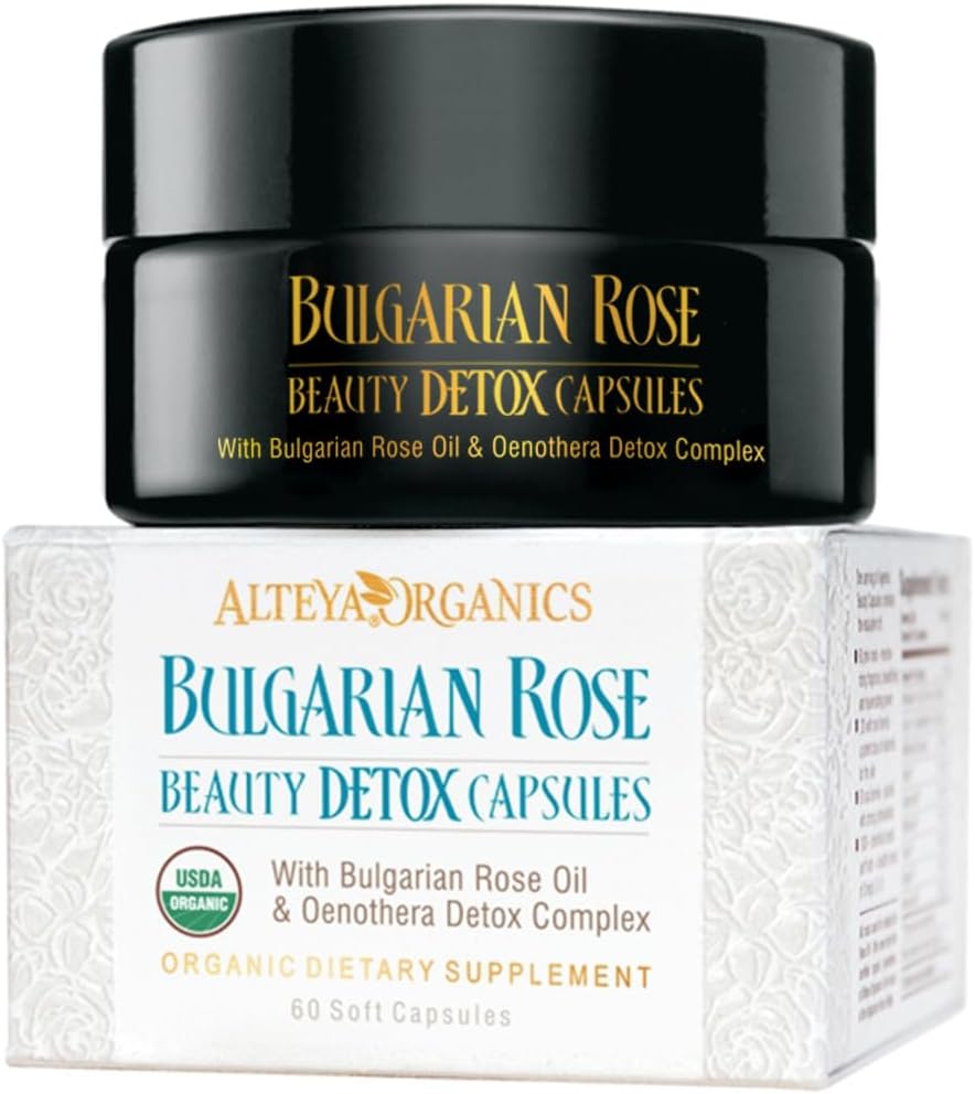 Alteya Organics Rose Beauty Detox Capsules - USDA Certified Organic with Bulgarian Rose Oil and Oenothera Detox Complex - 30 Servings