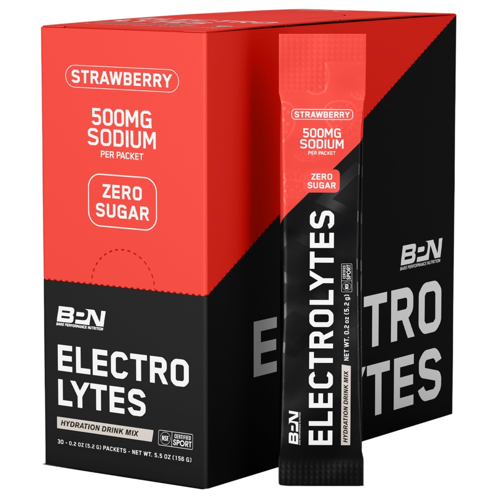 BARE PERFORMANCE NUTRITION BPN Electrolytes Go Packs Hydration Drink Mix | Sugar Free Electrolyte Powder | 500mg Sodium per Serving | Naturally Sweetened | Strawberry 30 Servings