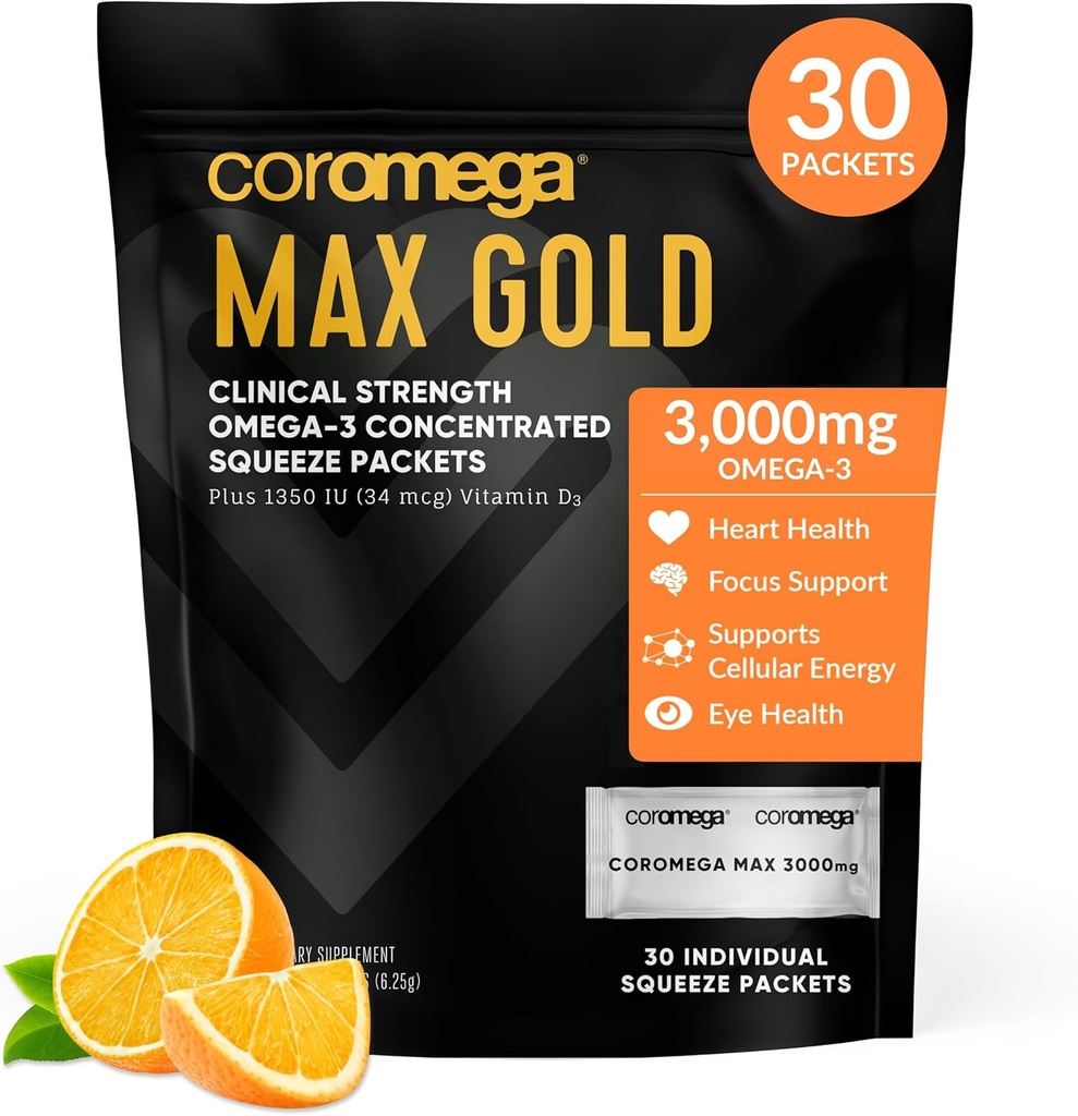 Coromega MAX Gold 3000mg Omega-3 Fish Oil + Vitamin D Squeeze Packets, Wild-Caught, No Fishy Taste - 3X Better Absorption Than Softgels, Supports Brain & Heart Health (30 Servings, Orange Flavor)