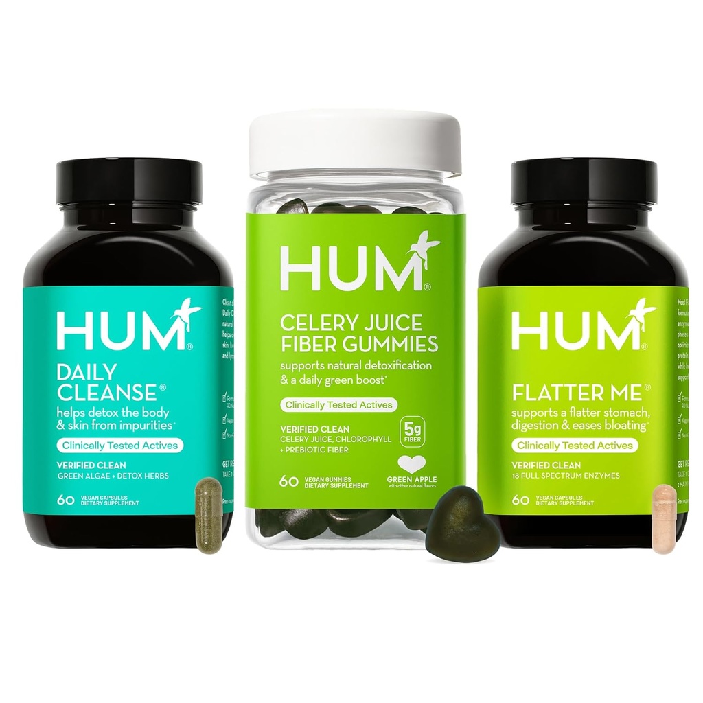 HUM Green Detox Bundle with Flatter Me Digestive Enzymes, Daily Cleanse Acne Supplement, and Celery Juice Fiber Gummies with Chlorophyll, 3-Step Wellness Set, Supports Digestive & Gut Health