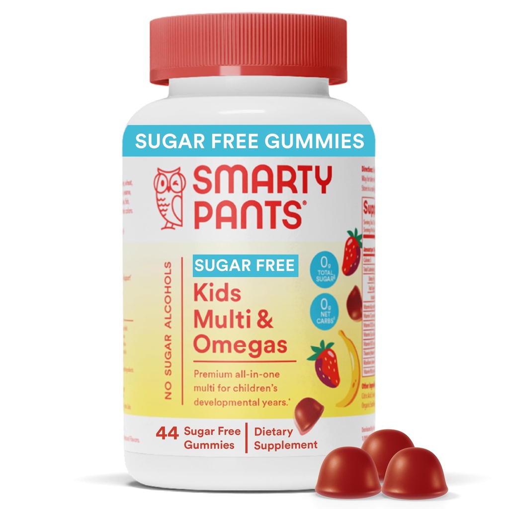 SmartyPants Kids Multivitamin Gummies, Sugar Free: Omega 3 (ALA), Vitamin D3, C, Vitamin B12, B6, A, K & Zinc for Immune Support, Biotin, Erythritol Free, Strawberry Banana, 44 Count (22 Day Supply)
