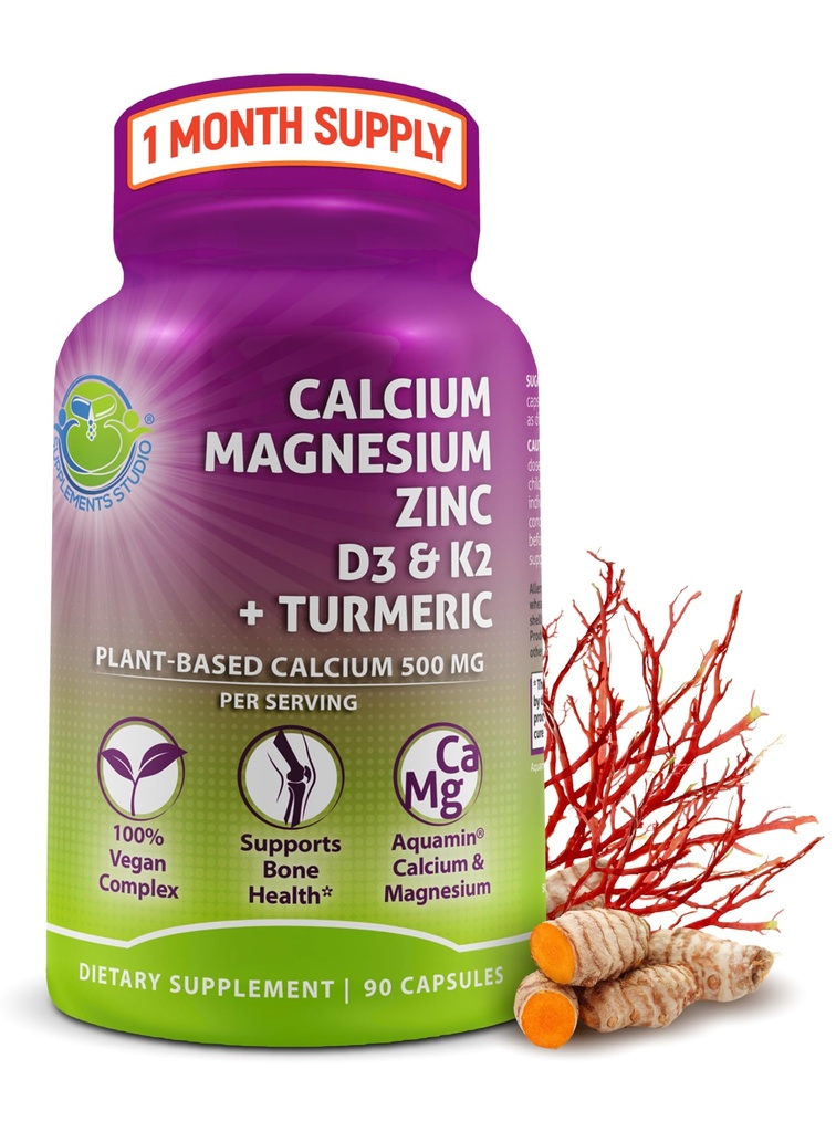 Plant-Based Calcium 500mg (Aquamin) – Vegan Calcium Magnesium Zinc D3 with Vitamin K2 & Organic Turmeric – Enhanced Bone and Muscle Health & Strength, Immune Support for Women & Men - 90 Count
