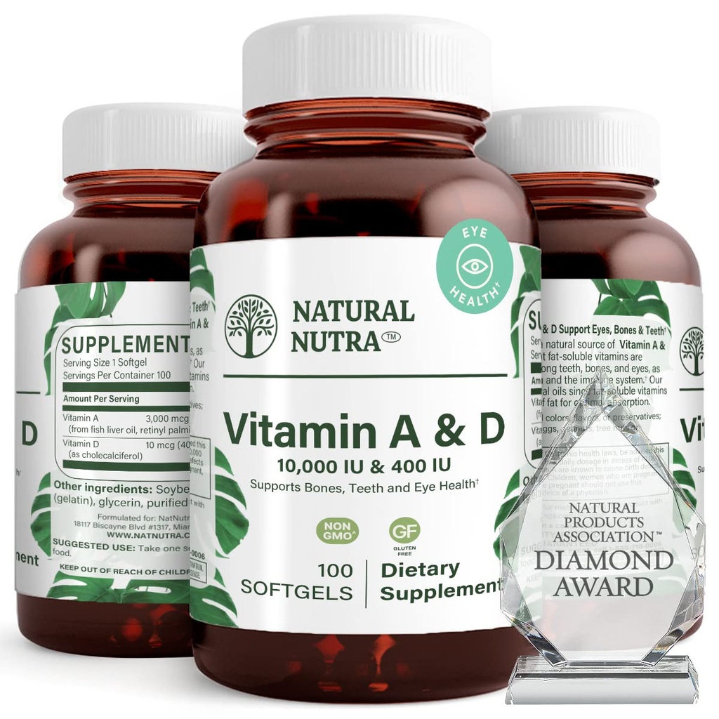 Natural Nutra Vitamin A and D, Supports Bone Health & Enhance Eye Health, Promotes Strong Teeth, Improves Vitality, Sourced from Cod Liver Oil, Supports Overall Health, 10000IU/400IU, 100 Softgels